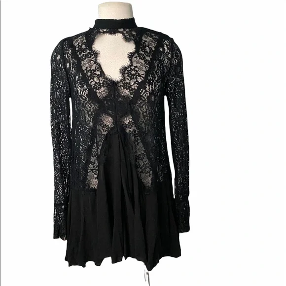 Free people black lace sheer long sleeve sz- small - Picture 1 of 5